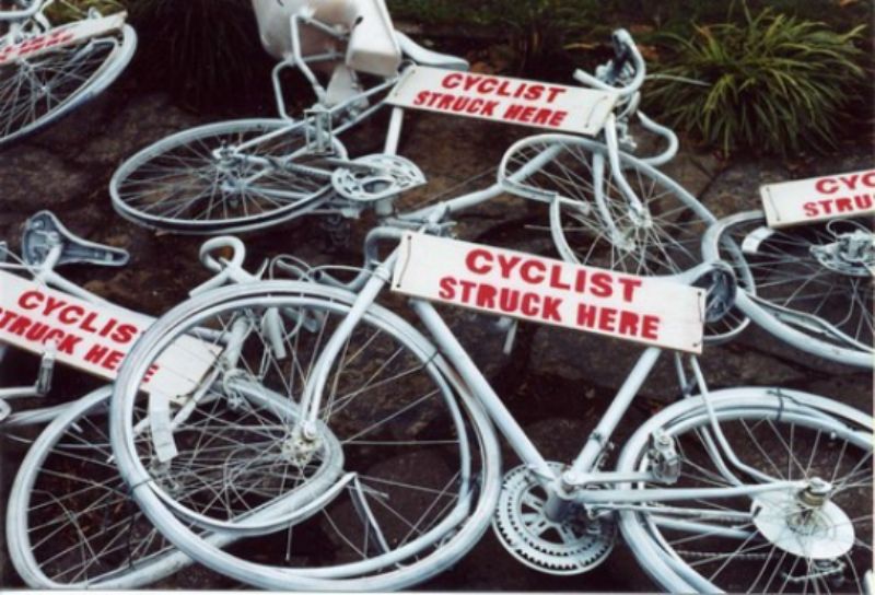 In St. Louis, Patrick Van Der Tuin began memorializing bicyclists killed or injured by motorists with painted white bikes in 2002. He called his project Broken Bikes Broken Lives. (Courtesy of Carrie Zukoski) 