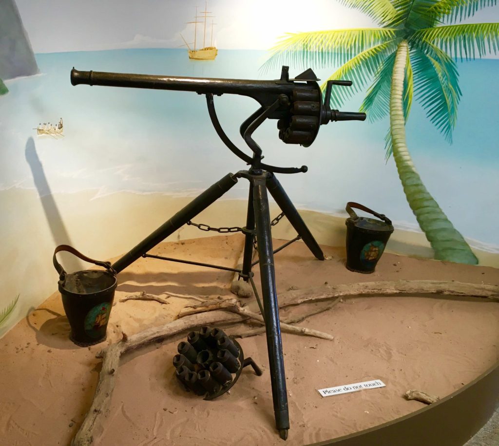 An early machine gun in the Buckler's Hard Museum, which fired round bullets for Christians and square ones for Muslims - never used in anger